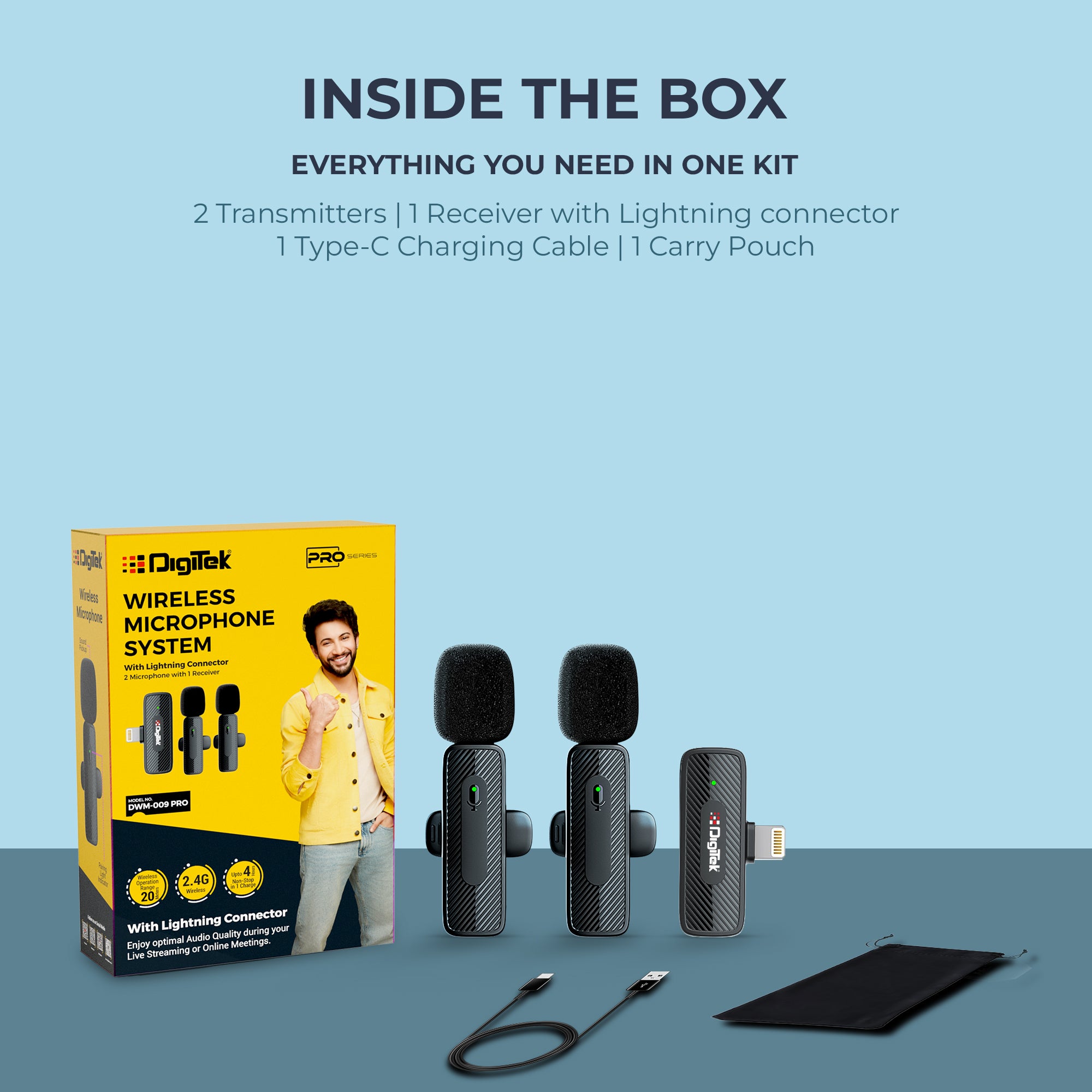 Digitek (DWM-009 PRO) 2.4G 1 Receiver with Lightning Connector & Dual Respondent 2 Microphone, for iPhone X/11/12/13/14 Series