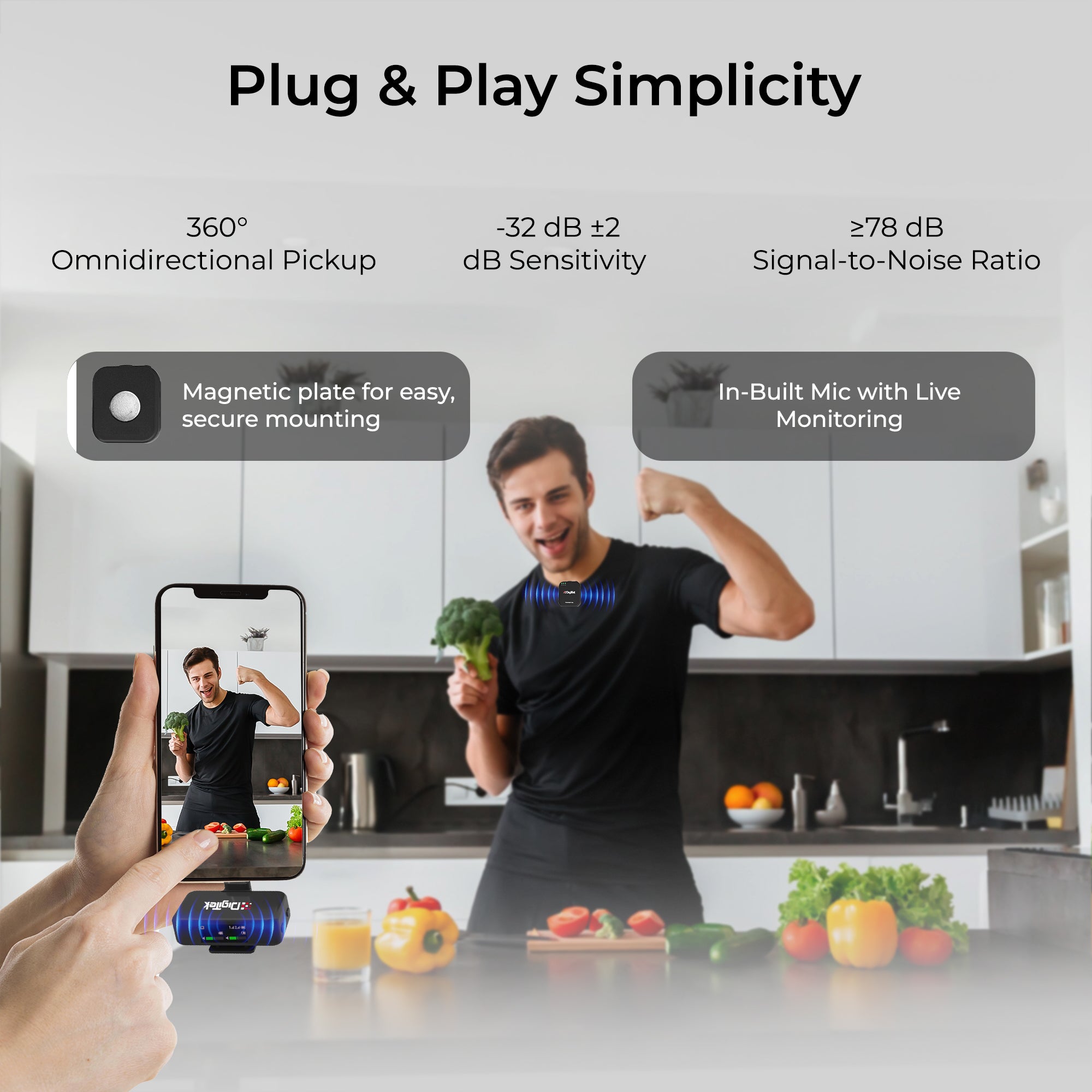 Digitek (DWM 101 Mini) 2-in-1 Wireless Microphone, 2.4G Mic for iOS/Android, DSLR, PC/Laptop, 80m Range, TF Card Recording, 4.5hr Battery,  Real-Time Monitoring, Ideal for Vlogging, Streaming, Meetings