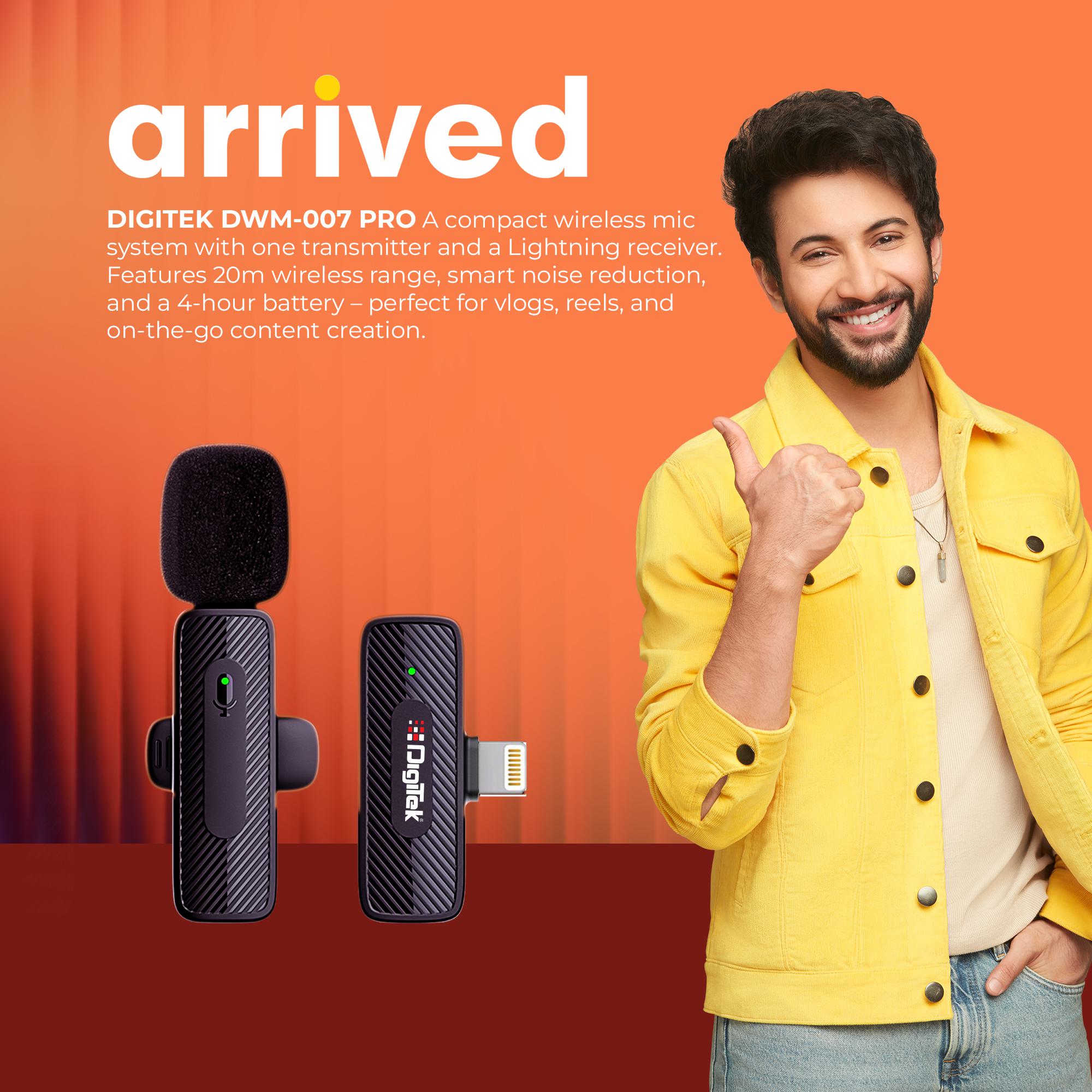 Digitek® (DWM-007 PRO) Wireless Microphone & Receiver with Lightning Connector, 2.4GHz Frequency, 4Hr Battery, 20m Range, Compatible with iPhone & iPad, For Voice Recording, Interview & Live Streaming, for iPhone X/11/12/13/14 Series