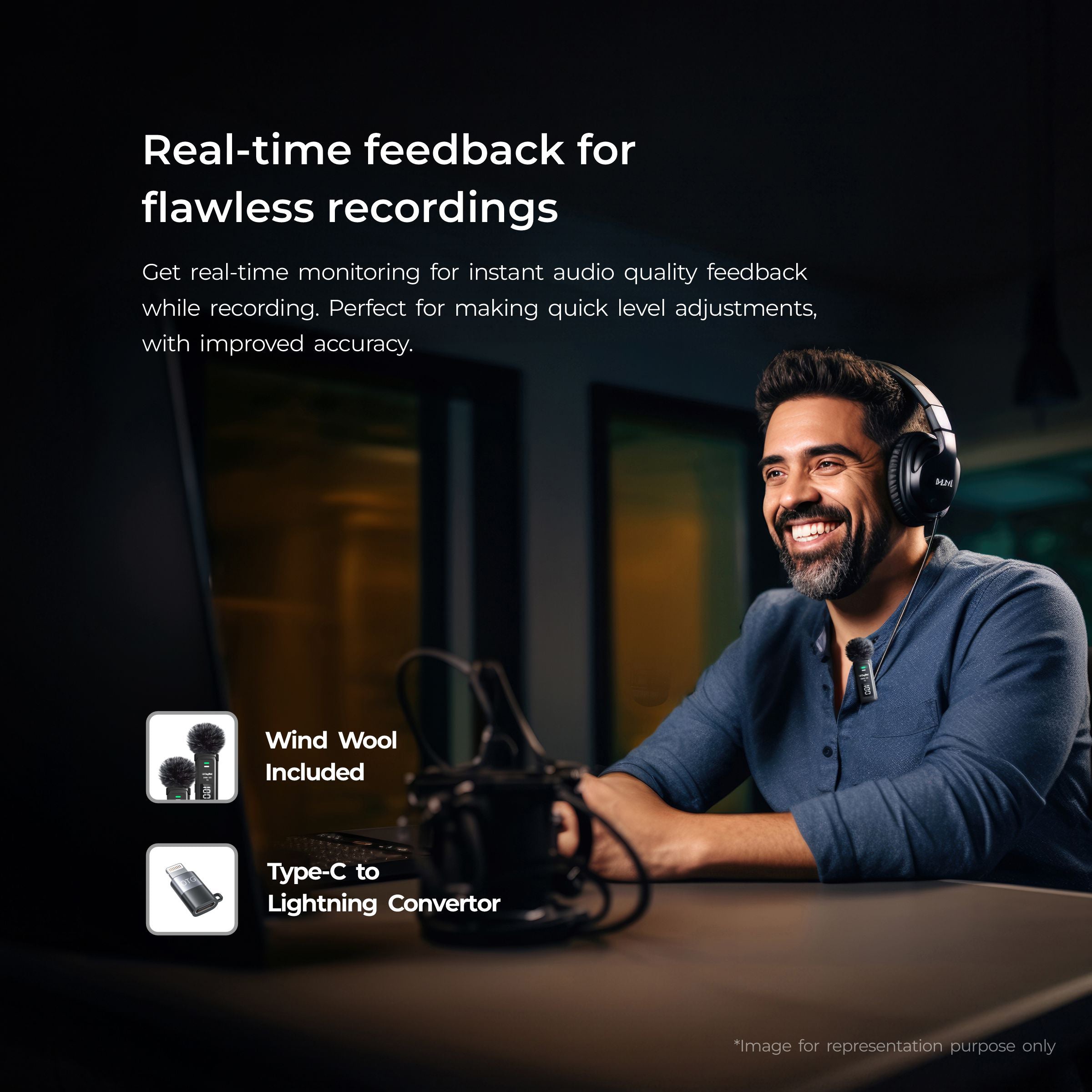 Digitek® DWM-109 2-in-1 Wireless Microphone System, 50m Range, 7Hr Battery, Type-C to Lightning Converter, 2.4GHz, Noise Reduction, for Android & iPhone, Record Meeting, Interviews & More