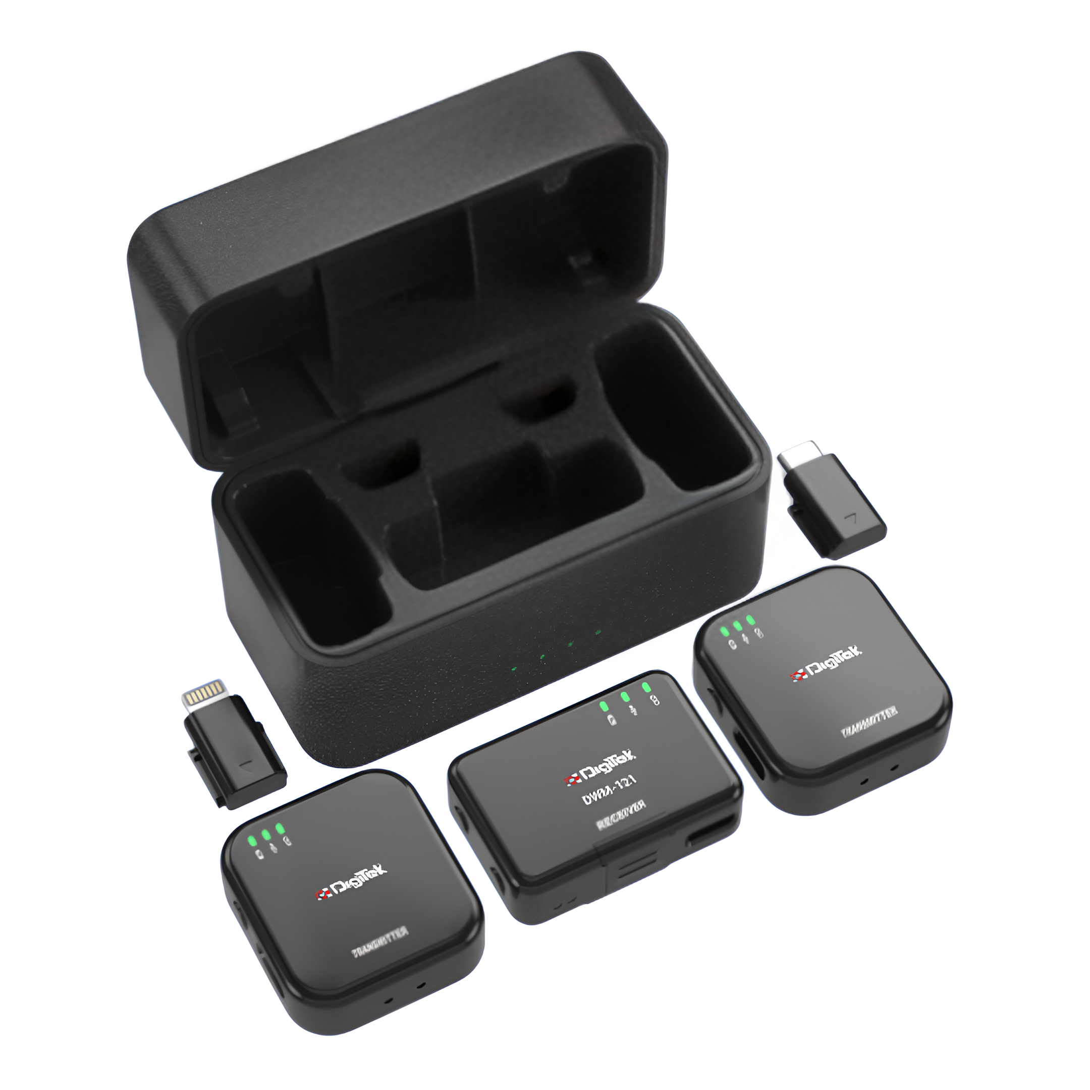 نظام ميكروفون لاسلكي Digitek (DWM 121)، يدعم بطاقات الذاكرة TF، مزود بموصل من النوع C وLTC، مدى يصل إلى 80 مترًا، مدة تشغيل تصل إلى 4.5 ساعات، إمكانية التسجيل باستخدام هواتف Android وiOS الذكية وكاميرات DSLR لتسجيل الفيديوهات والمقابلات والبودكاست