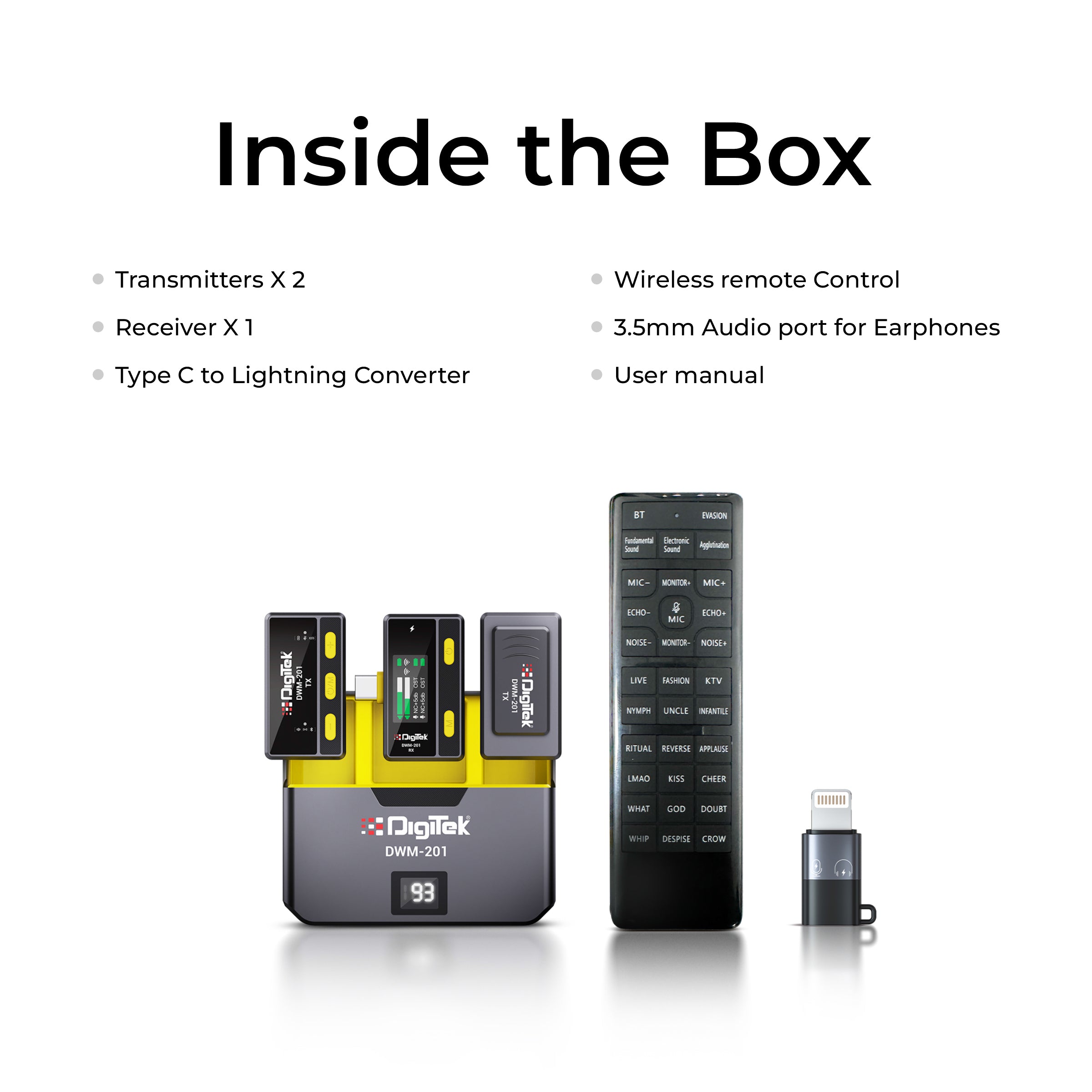 Digitek DWM-201 Wireless Microphone System with Remote & Noise Cancellation, 12 Sound Effects, 3 Voice Modes, 50m Range, Use with iPhone/Android & DSLR Camera for Vlogs, Interview & Podcasts