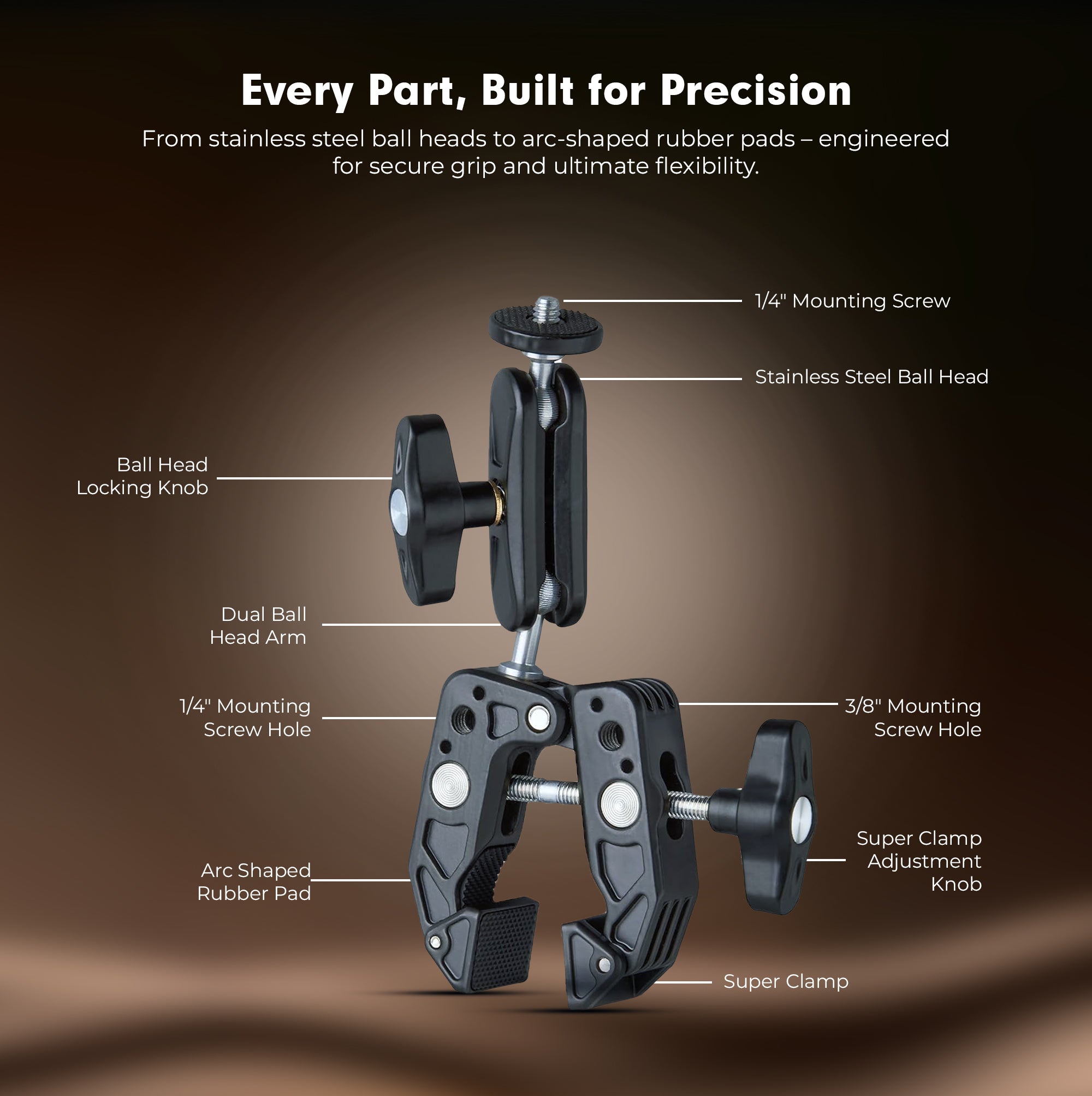 Digitek (DCC-01) Action Camera Mount, Super Clamp Mount with 1/4" & 3/8" Scew for LED Light, Microphone, 360° Double Ballhead Magic Arm with Mobile Holder