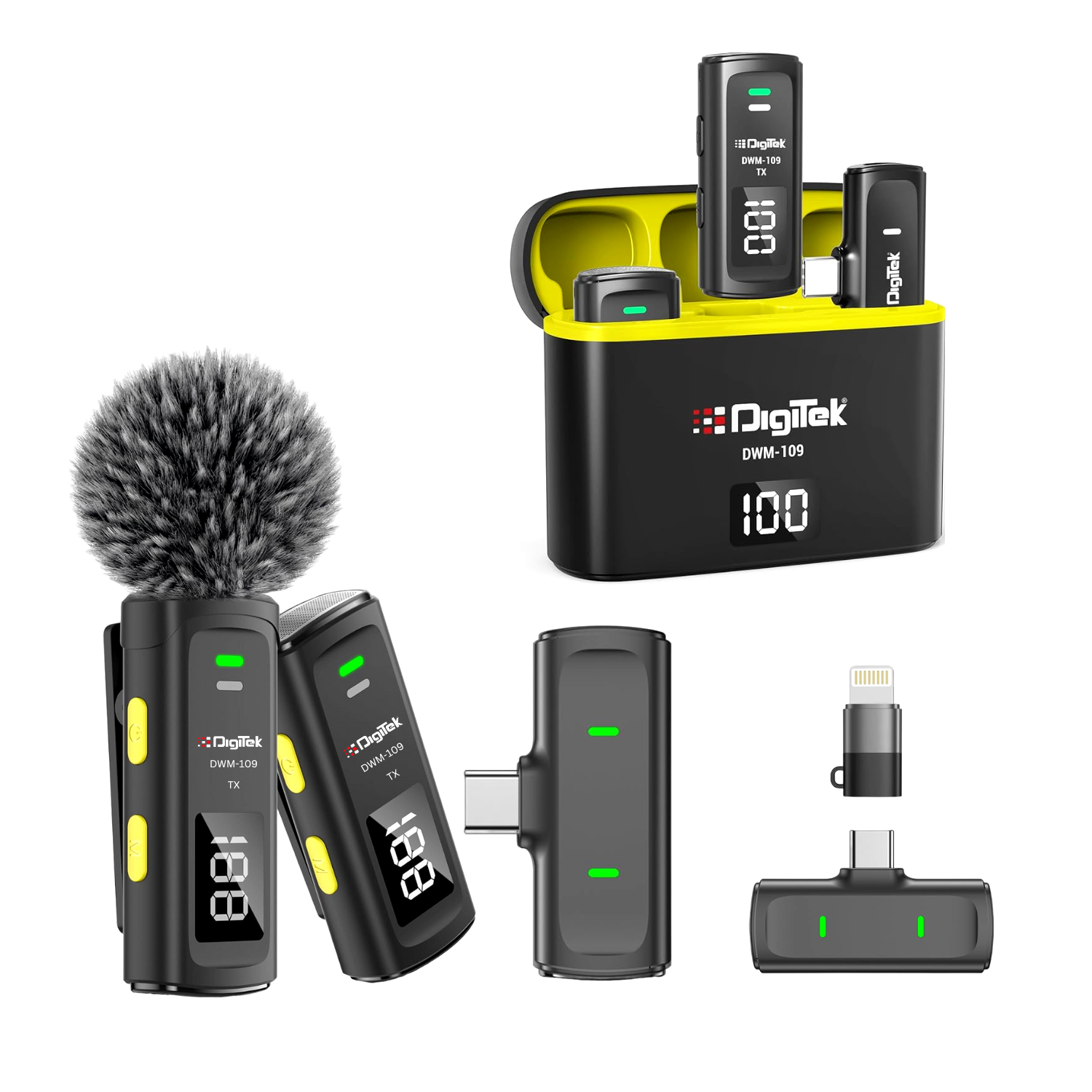 Digitek® DWM-109 2-in-1 Wireless Microphone System, 50m Range, 7Hr Battery, Type-C to Lightning Converter, 2.4GHz, Noise Reduction, for Android & iPhone, Record Meeting, Interviews & More