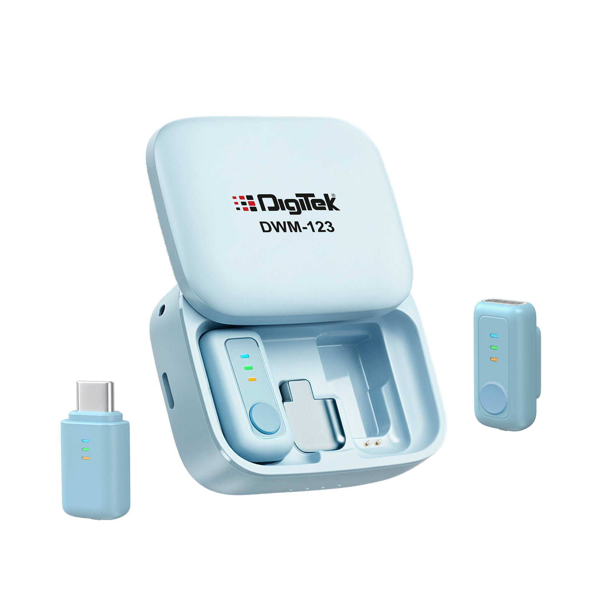نظام ميكروفون لاسلكي Digitek (DWM 123) 2 في 1 مع علبة شحن ومشبك طوق مغناطيسي، وجهاز استقبال من النوع C لأجهزة iPhone 15 وما فوق، وهواتف Android، ومدى 60 مترًا، وميكروفون مدمج، للمبدعين ومدوني الفيديو (أزرق)