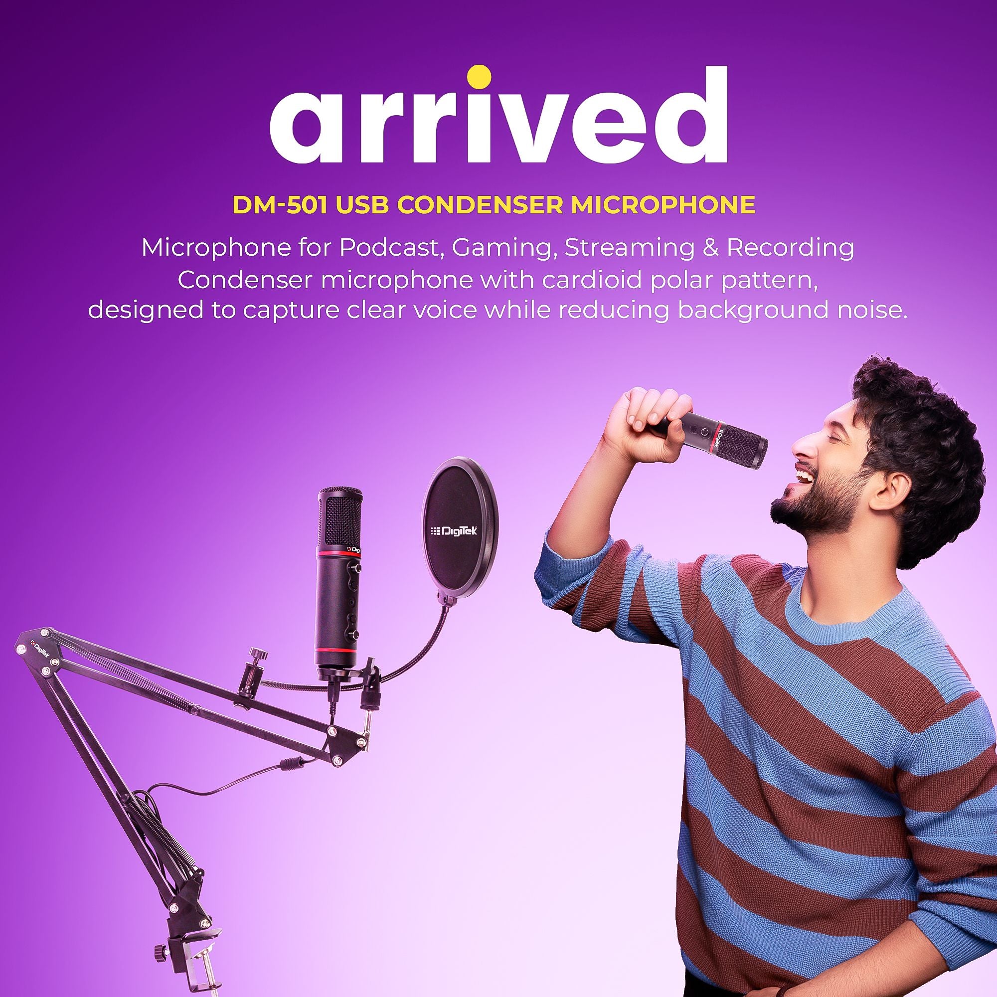 Digitek (DM-501) USB Podcast & Gaming Condenser Microphone Kit with Arm & Pop Filter, High Sensitivity, Noise Cancellation, Vol Adjustment & Mute, Use with PS4, PS5 ,PC & Smartphone for Live Streaming