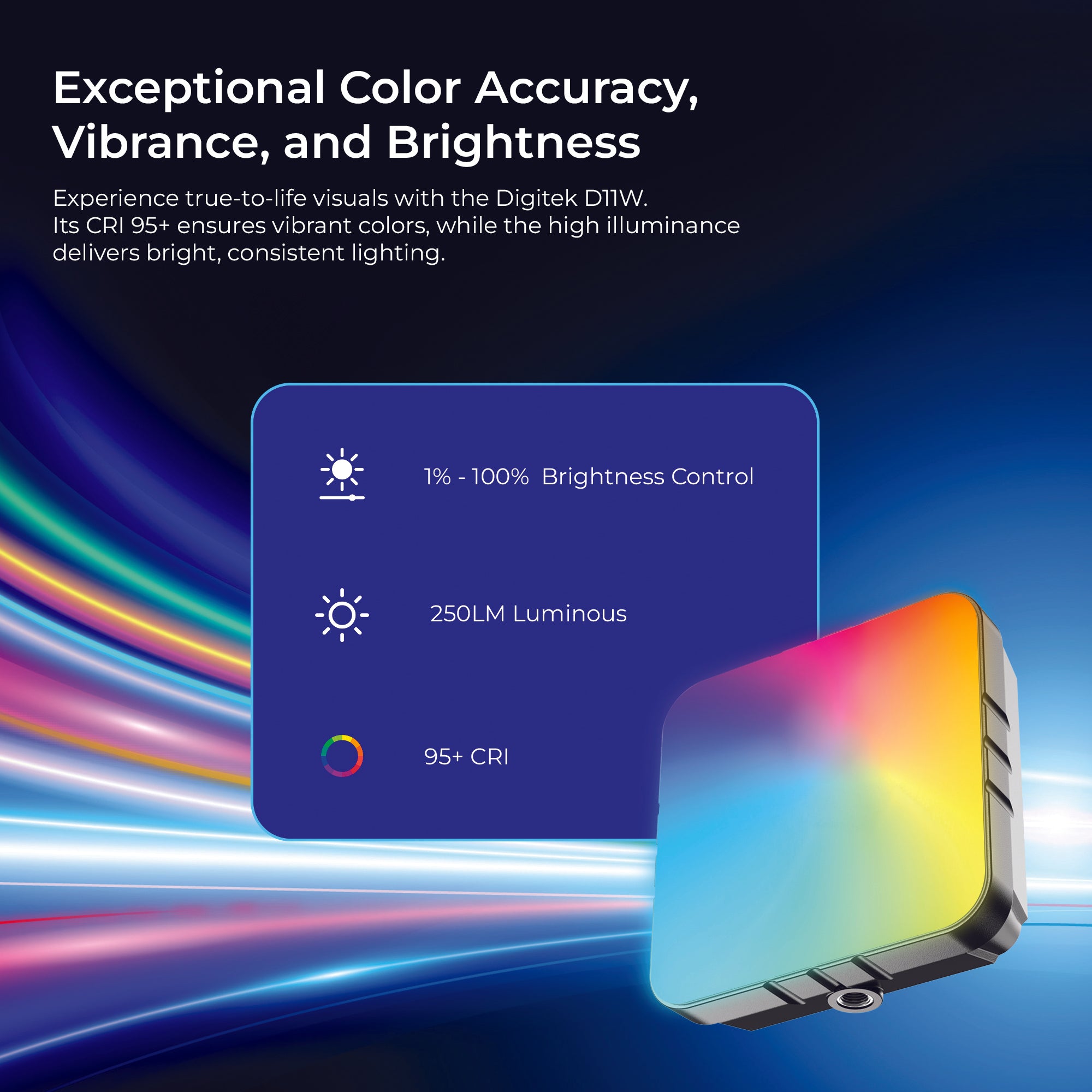 DIGITEK (LED-D11W RGB) 11W Portable Mini RGB LED Video Light with 2000mAh Battery, 21 Lighting Effects, 2500K–9900K CCT, HSI 0–360°, 120° Beam, CRI <95, 1/4" Mount, For Photography & Videography