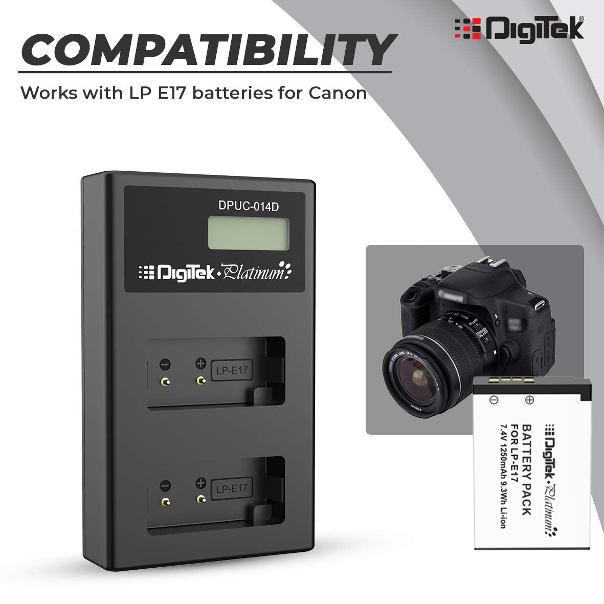 Digitek (DPUC-014 D E17) Platinum Dual Port Li-ion LCD Battery Charger with 2 Nos of 1250mAh Capacity LP E17 Li-ion Battery Combo Pack - Digitek