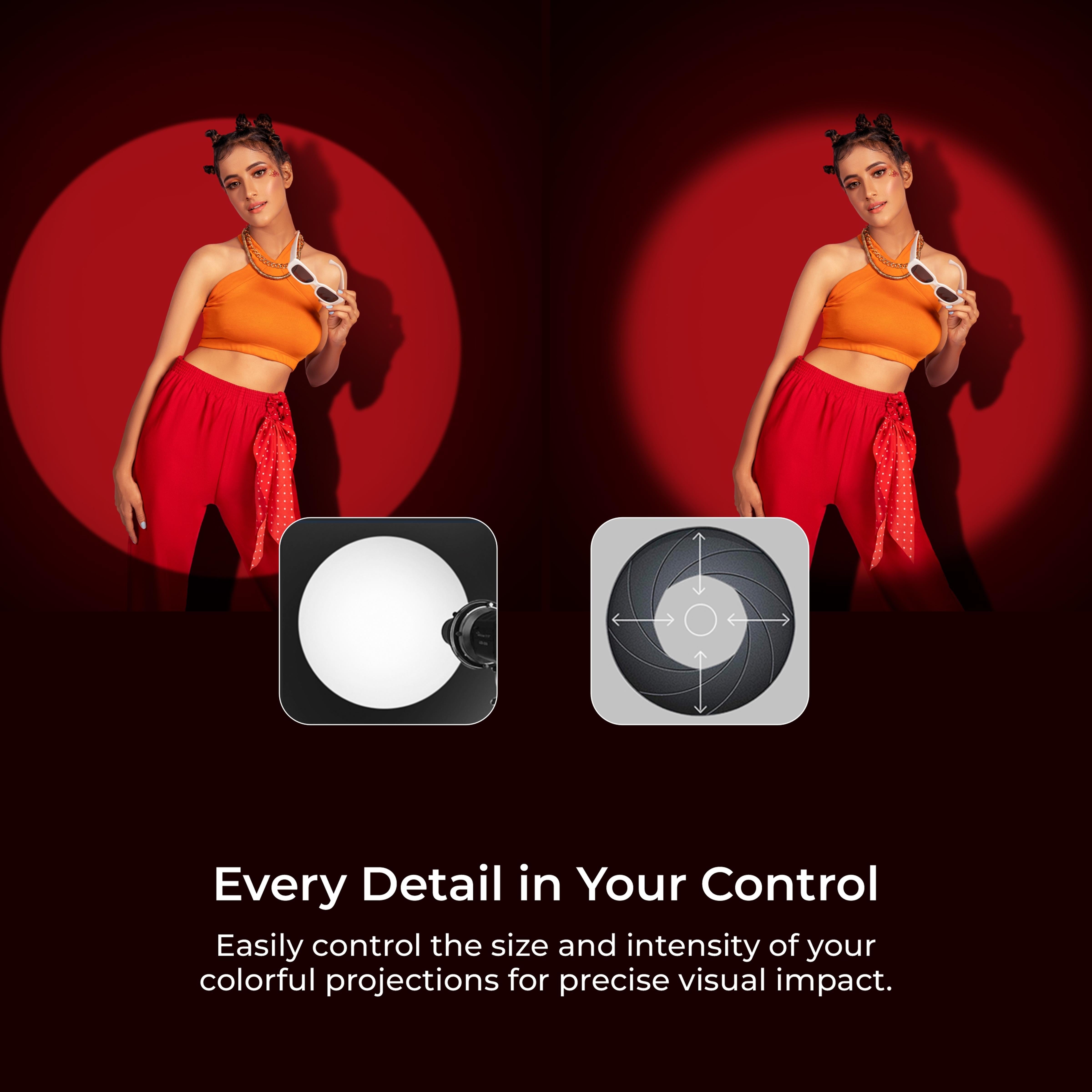 Digitek (DS-240) Bowens Mount Optical Snoot Projector Kit with Gobo Frame & 4 Color Films, 6 Stainless Gobo Patterns, 38° Lens for LED Lights, Sharp Image Projection, Fit for LED Continuous Lights.