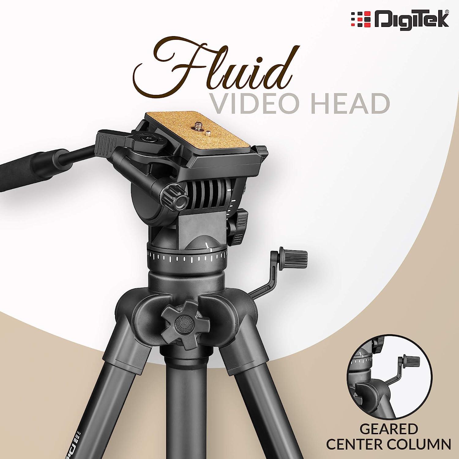 Digitek (DPTR 880 PRO) (165 cm) Platinum Aluminum Light Weight Tripod, with Fluid Video Head, for DSLR & Video Cameras, Maximum Operating Height: 5.90 Feet, Maximum Load : 6 kgs (Black) - Digitek