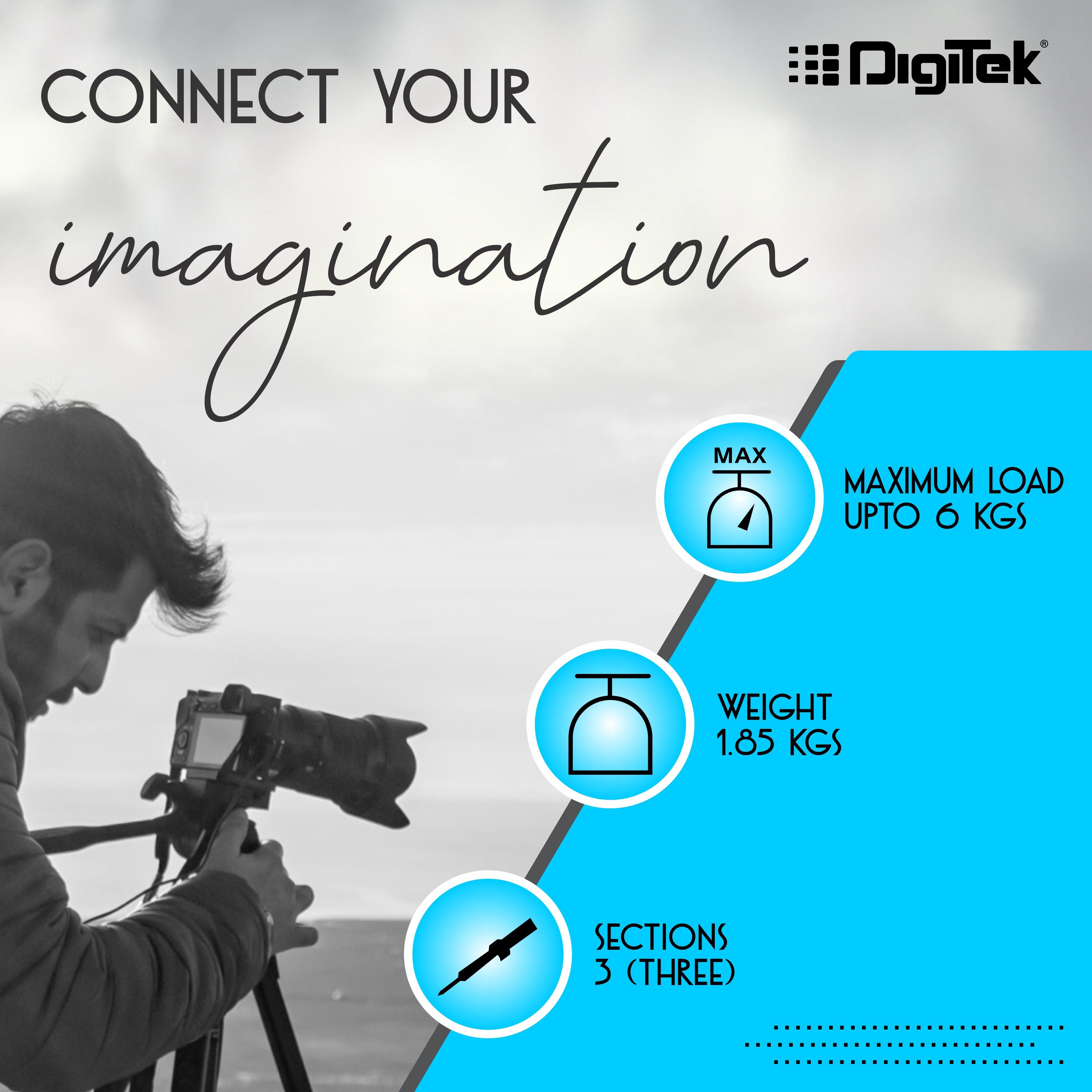 Digitek (DTR590 VD PRO) Tripod for DSLR & Video Cameras, Operating Height : 5.90 Feet, Maximum Load Upto: 6 Kg, Lightweight & Sturdy Tripod with 2 Way Adjustable Head - Digitek