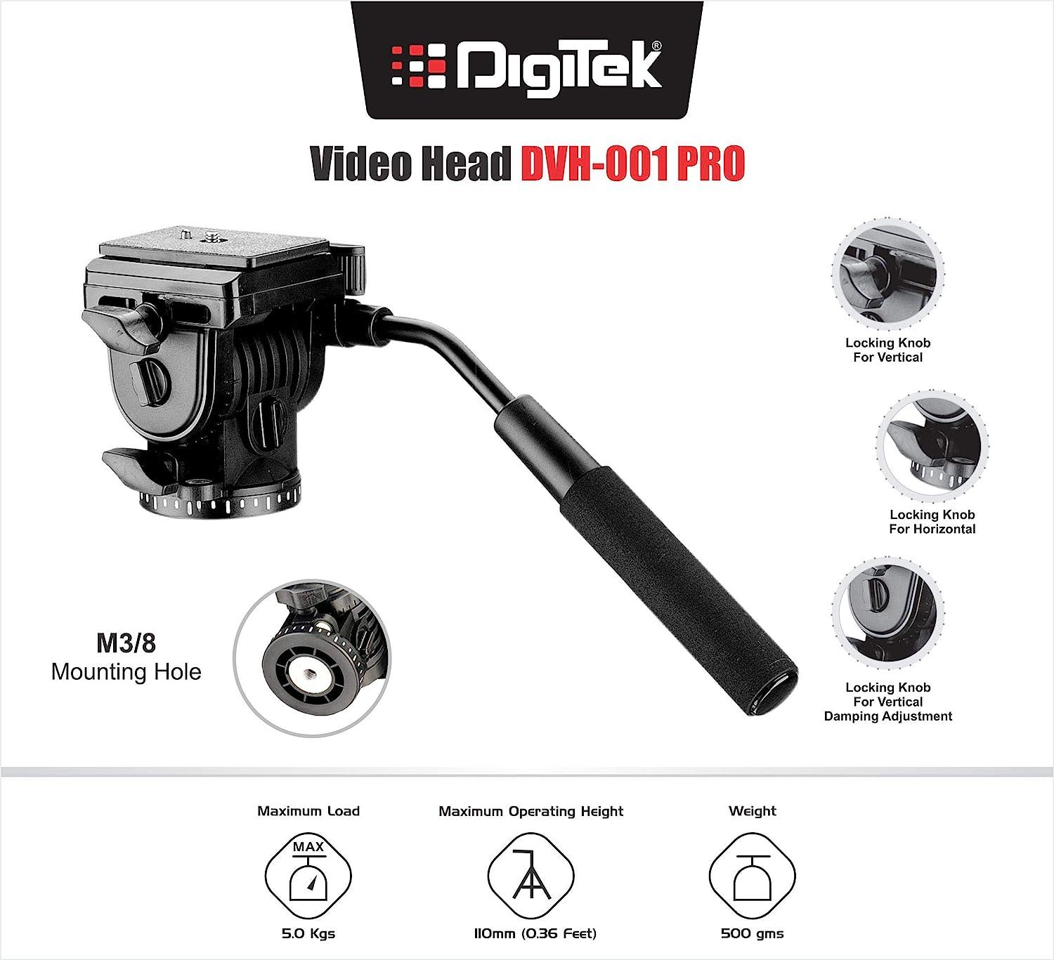 Digitek (DVH-001PRO) Video Fluid Head | Lightweight with Flat Base | Supports Multiple Tripods & Monopods (Load Capacity-5 Kgs) - Digitek