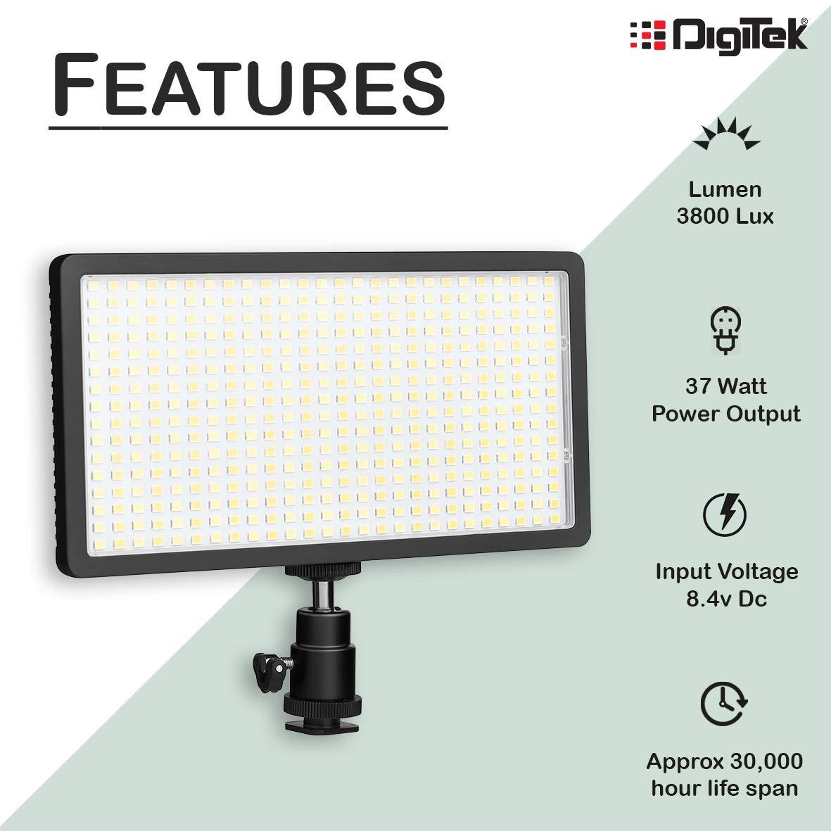 Digitek (LED D416) Professional Video Light & NP-750 Li-ion Battery with Micro USB Charging | Dimmable 3200k -5600k | Compatible with Tripods, Monopods, Cameras, Table stand & Camcorder | For YouTube Video , Product Photography, (LED D416 COMBO) - Digitek