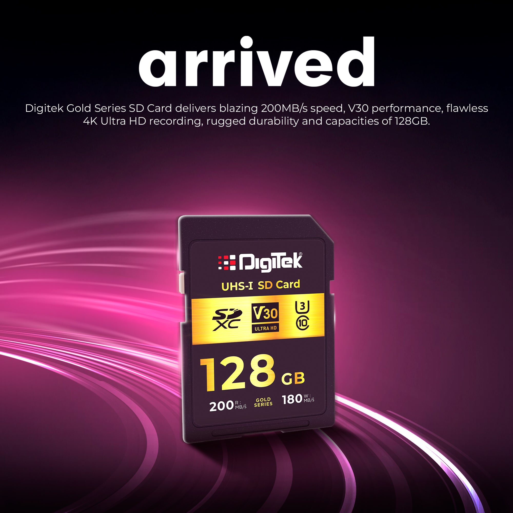 Digitek V30 Ultra HD 128GB UHS-I SD Card – 200MB/s Read, 180MB/s Write, Gold Series, 4K Ready