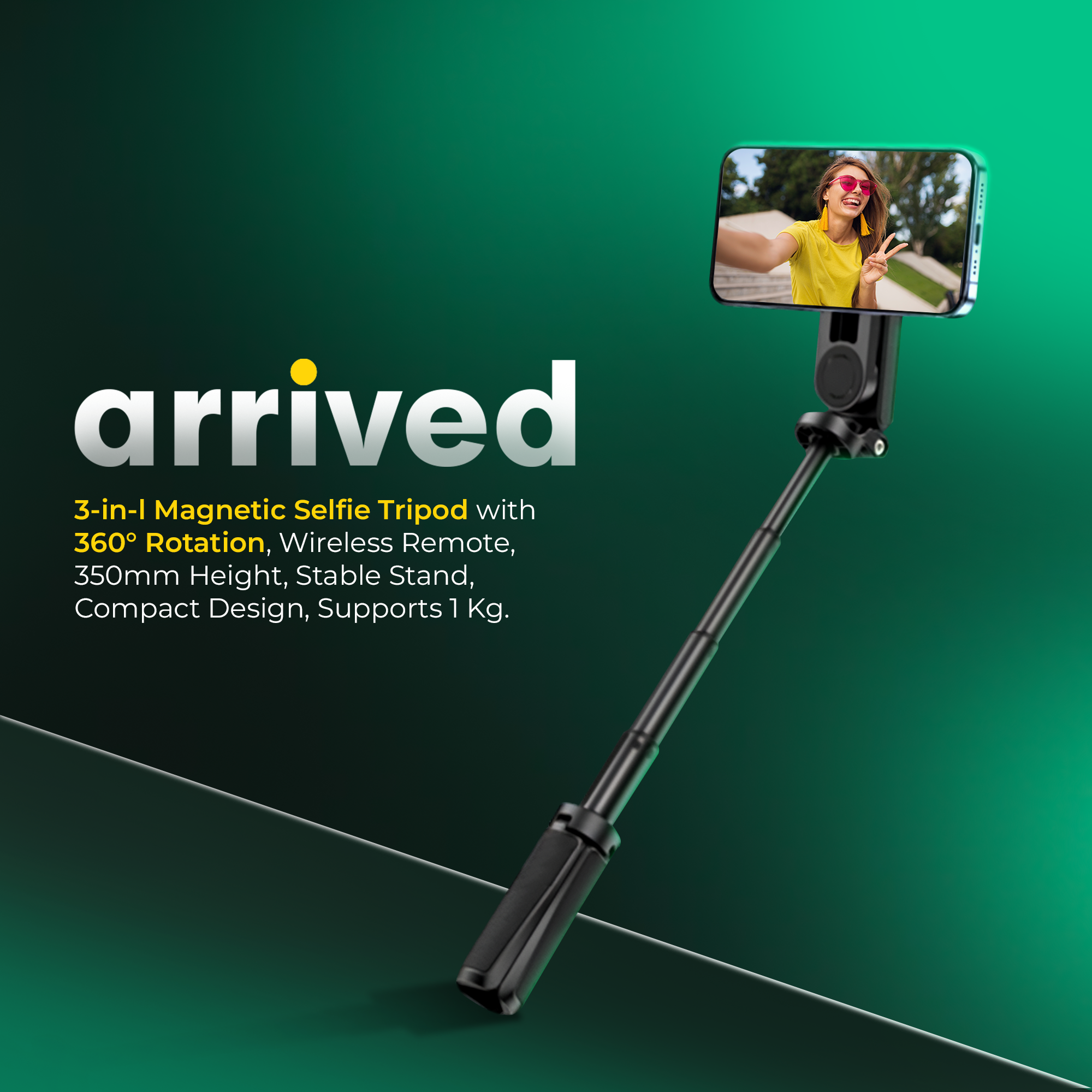 Digitek (DTR 350 SS) Magnetic Selfie Stick Tripod with 10m Bluetooth Remote, Pocket-Sized Design, 1Kg Max Load, 360° Rotation, Magnetic Phone Mount, Ideal for Travel and Vlogging