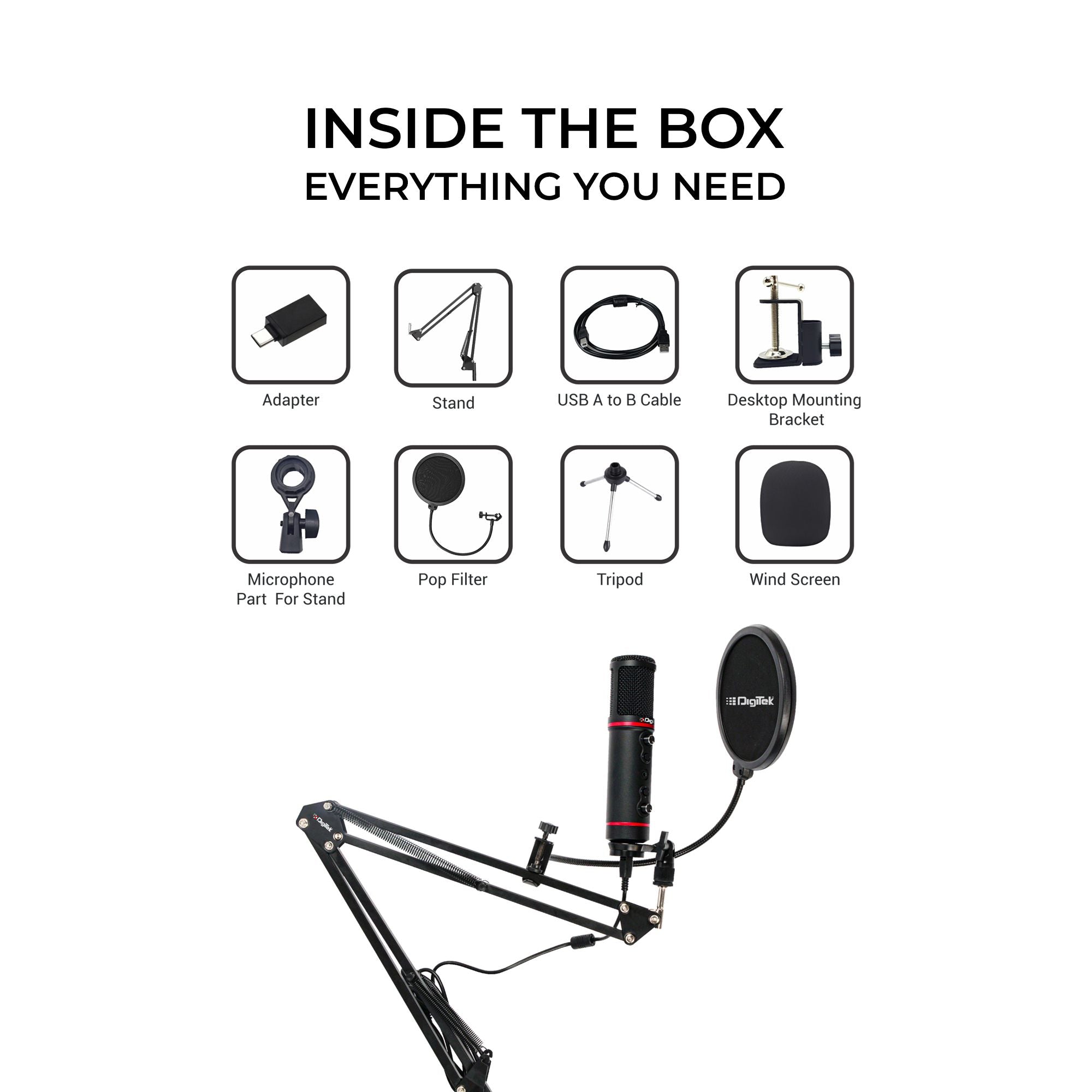 Digitek (DM-501) USB Podcast & Gaming Condenser Microphone Kit with Arm & Pop Filter, High Sensitivity, Noise Cancellation, Vol Adjustment & Mute, Use with PS4, PS5 ,PC & Smartphone for Live Streaming