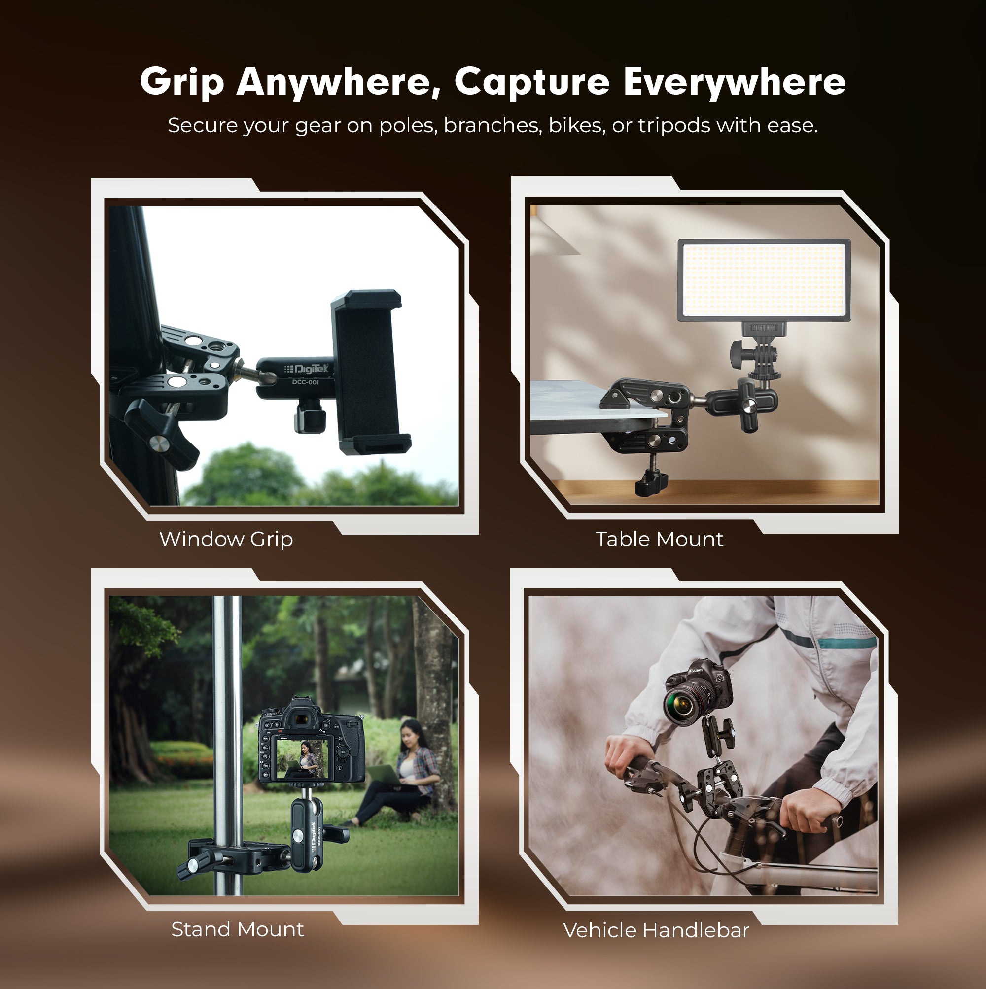 Digitek (DCC-01) Action Camera Mount, Super Clamp Mount with 1/4" & 3/8" Scew for LED Light, Microphone, 360° Double Ballhead Magic Arm with Mobile Holder