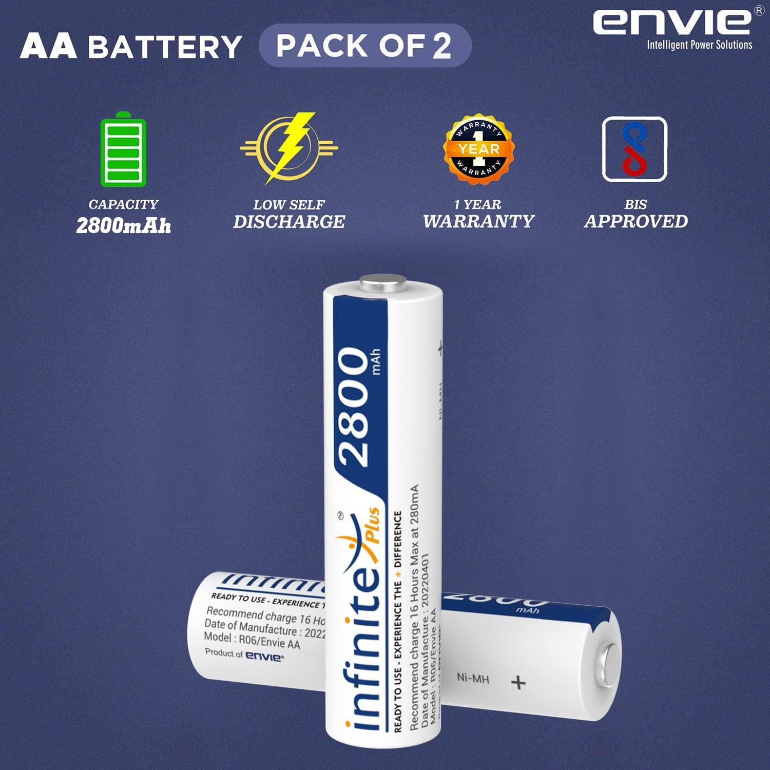ENVIE (AA2800 2PL) Pack of 2, AA Ni-Mh 2800mAh Capacity Rechargeable Battery - Digitek