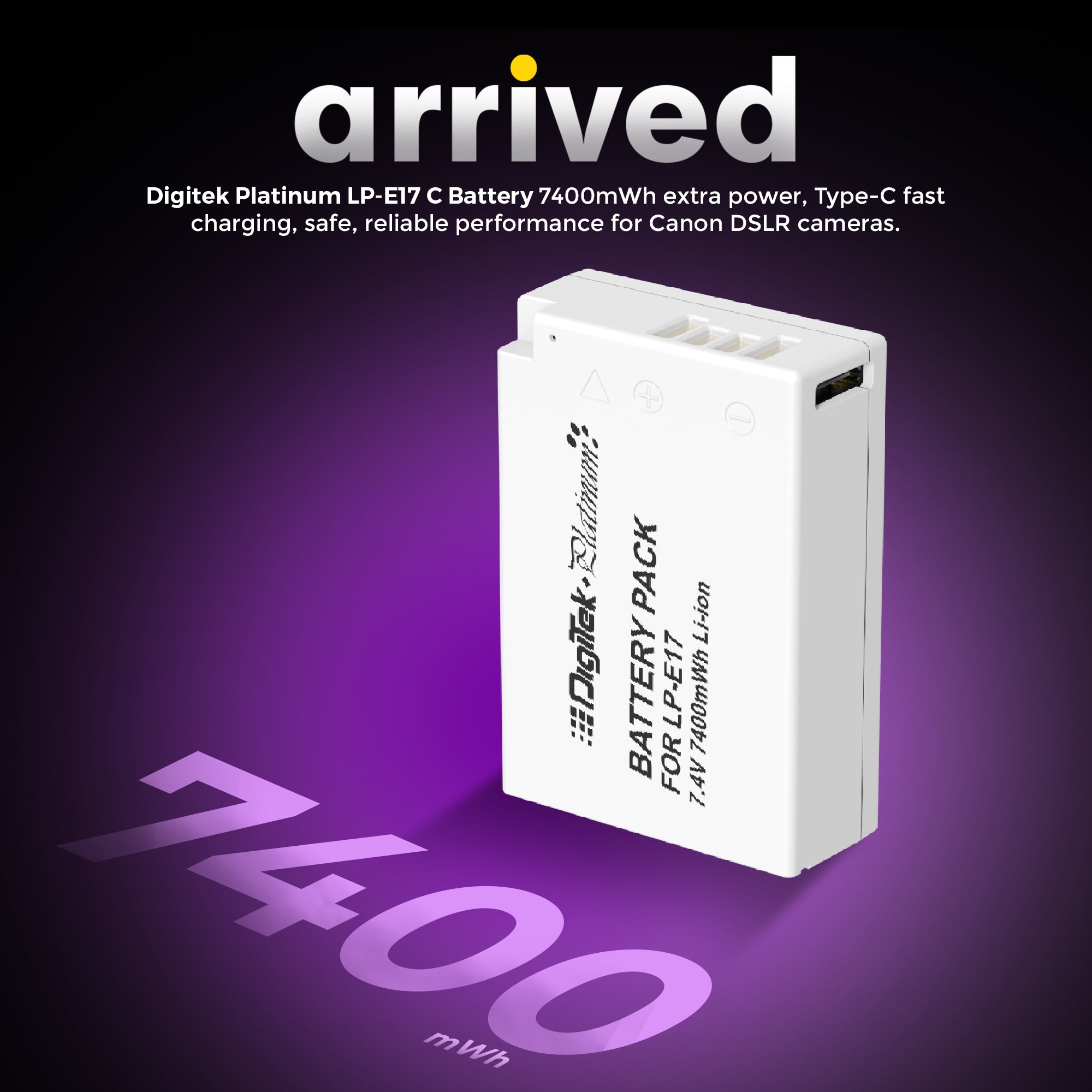 Digitek Platinum (LP-E17 Type C) 1250mAh Li-ion Battery for Canon DSLR Cameras with Type-C Charging Cable, Canon EOS 77D, M3, M5, M6, Rebel T7i, T6i, T6s, SL2, 200D, 750D, 760D, 800D, 8000D, 9000D, Kiss X8i