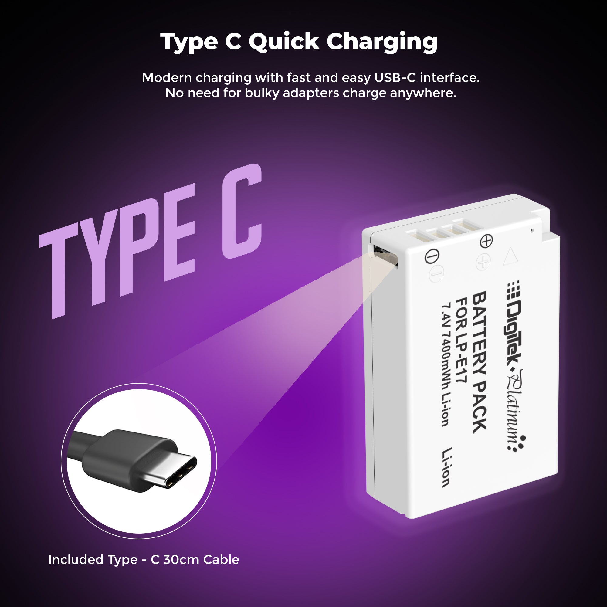 Digitek Platinum (LP-E17 Type C) 1250mAh Li-ion Battery for Canon DSLR Cameras with Type-C Charging Cable, Canon EOS 77D, M3, M5, M6, Rebel T7i, T6i, T6s, SL2, 200D, 750D, 760D, 800D, 8000D, 9000D, Kiss X8i