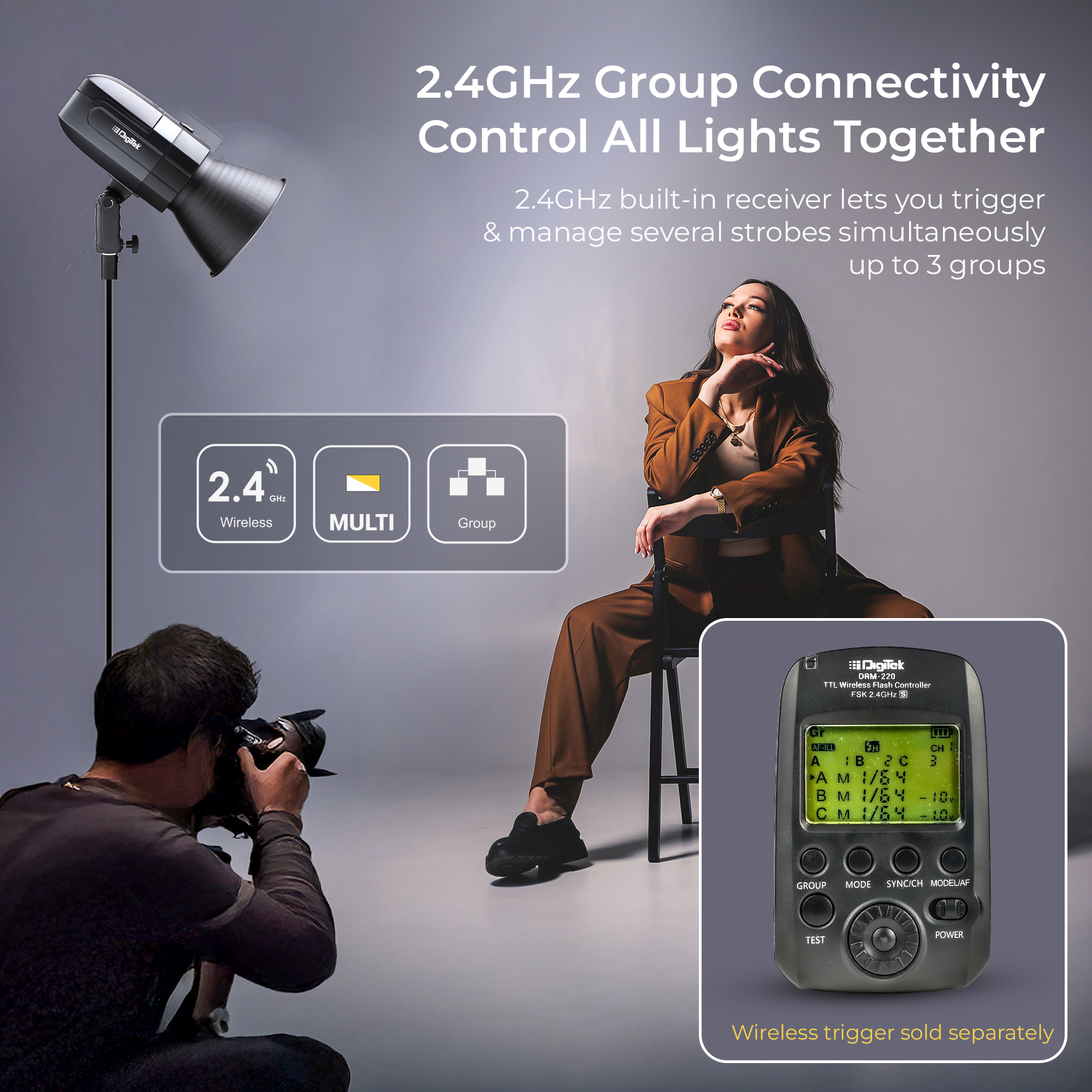 Digitek (DFL 400) High Speed 400W TTL Flash Strobe Light, Built-in TTL, 1/8000s HSS, 2.4G, 13W LED Modeling Lamp, Stroboscopic & Multi Flash, 5600K±200K, Fast Recycling, 500 Flashes, For Photo & Videography