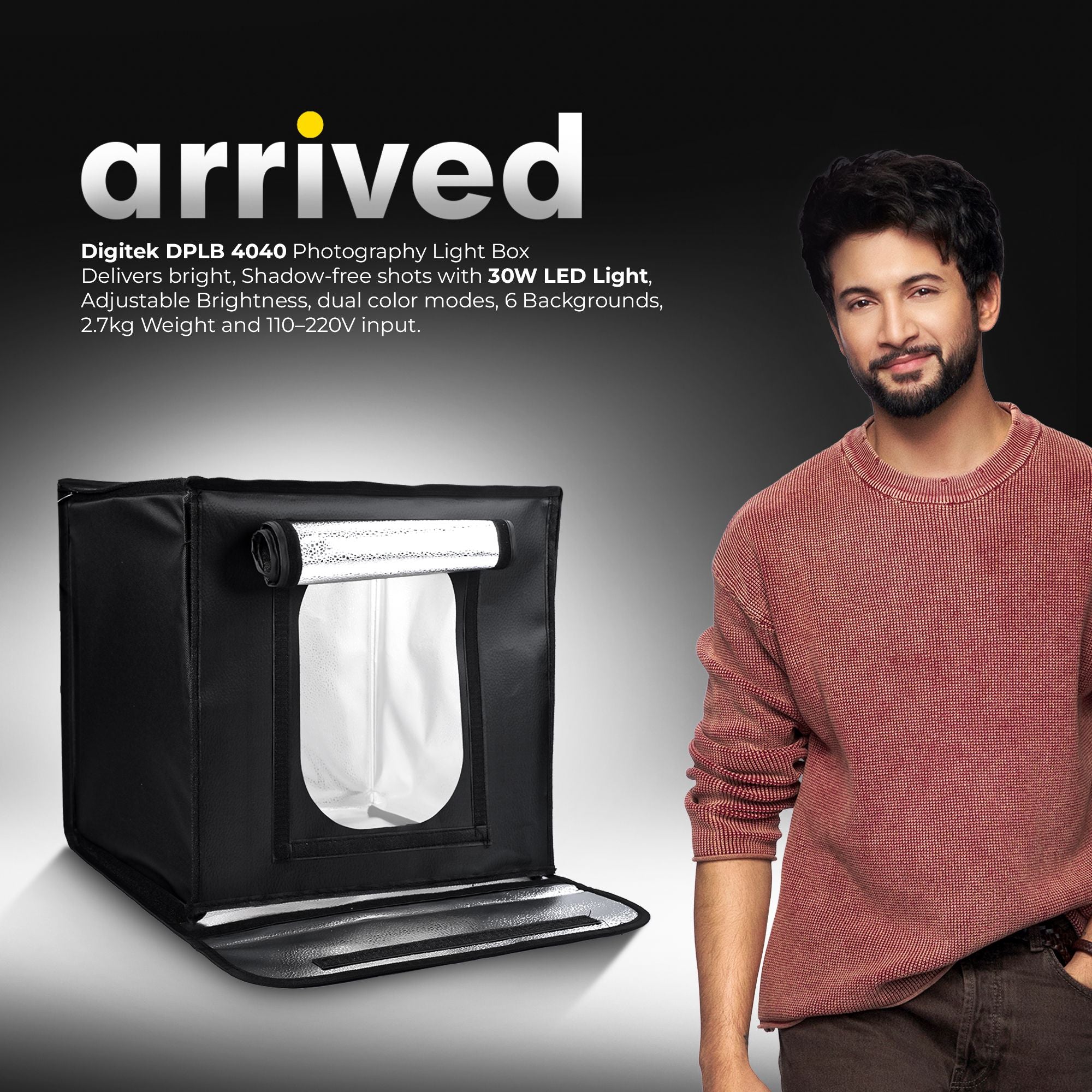 Digitek (DPLB 4040) Professional 40cm Photography LED Light Box, 30W Dual Bi-Color LED Panels, 2800K–6800K, 90 CRI, 0-100% Dimming, 6 Color PVC Backgrounds, Shadow-Free Shooting for Camera & Phone