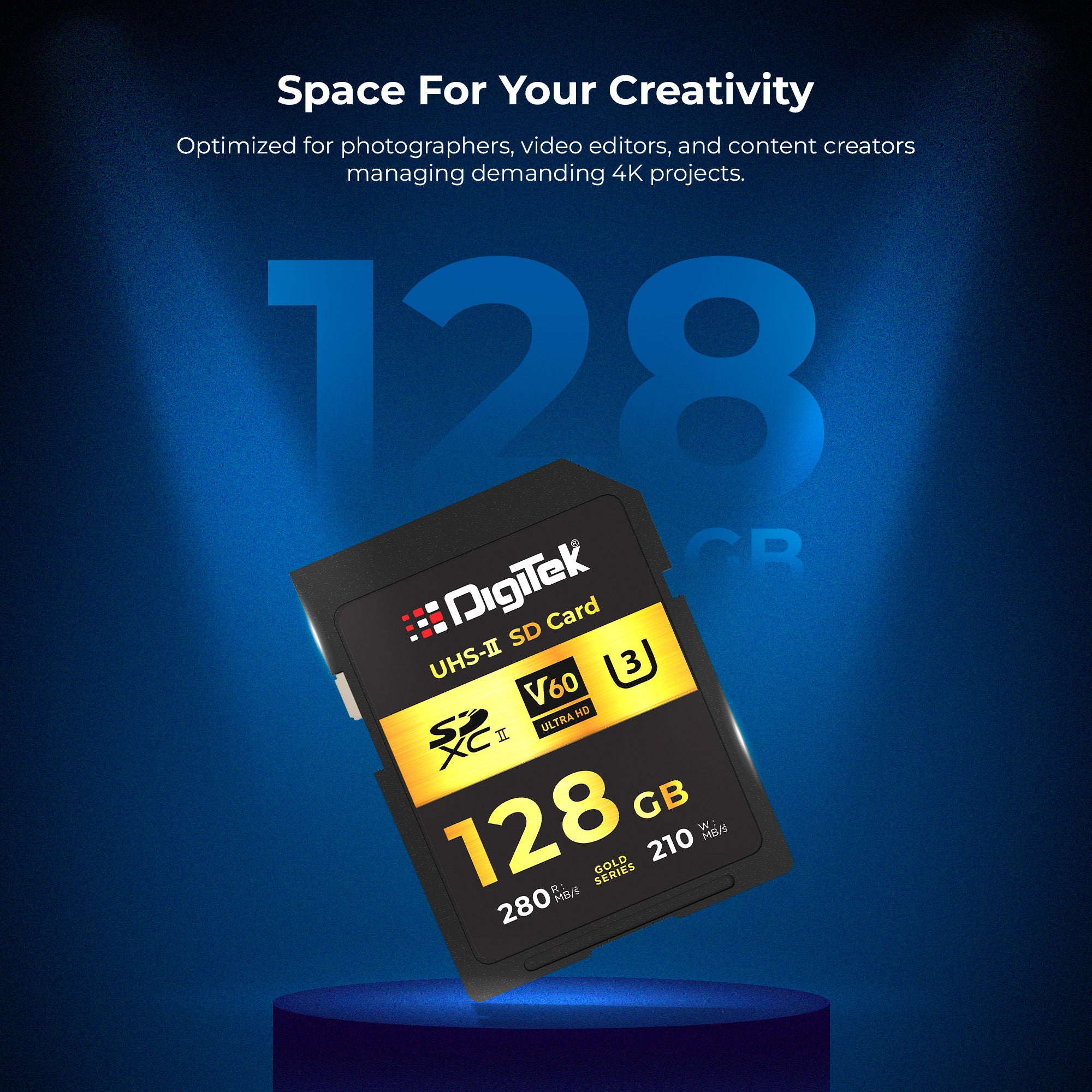 Digitek V60 Ultra HD 128GB UHS-II SD Card – 280MB/s Read, 210MB/s Write, Gold Series, 4K RAW Ready